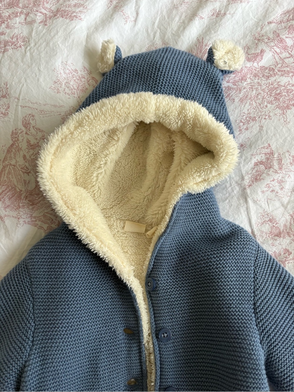 GAP Blue Knit Hooded Jacket with Cream Sherpa Lining